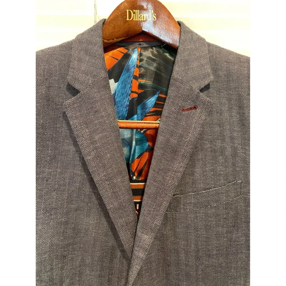 Ted Baker London Mens Gray‎ Herringbone Cotton Linen Blazer Jacket Size 3 38R